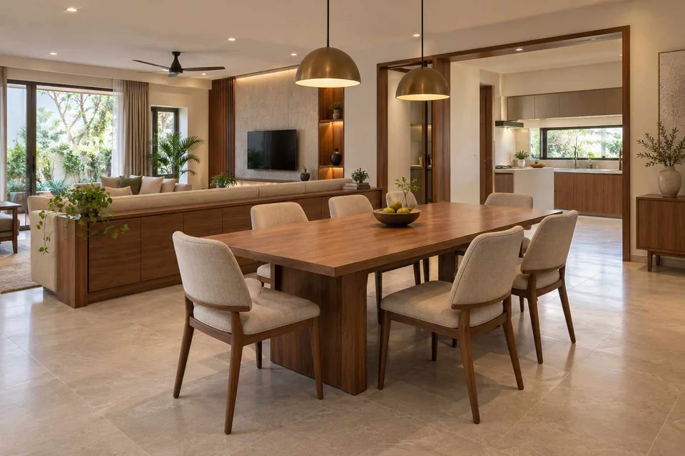 AI-generated dining-room concept: divider-side dining, clear-table daily reset direction