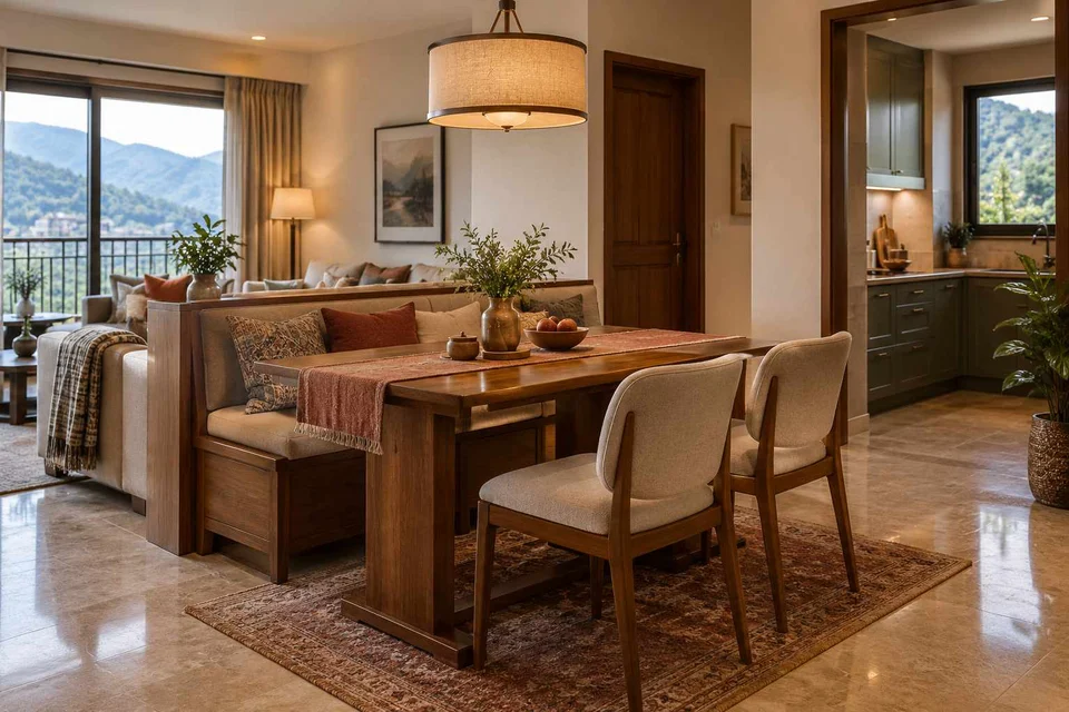 AI-generated dining-room concept: divider-side dining, cool-season family table direction