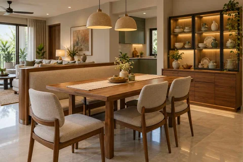 AI-generated dining-room concept: divider-side dining, crockery collection display direction