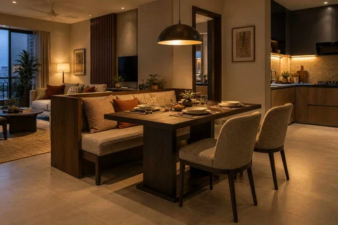 AI-generated dining-room concept: divider-side dining, evening candleless dinner direction