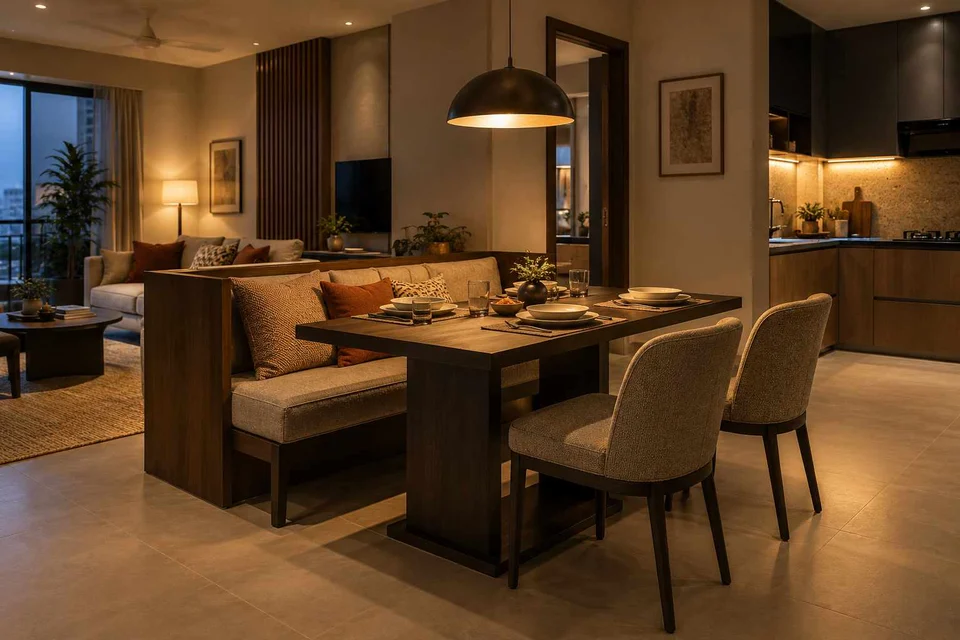 AI-generated dining-room concept: divider-side dining, evening candleless dinner direction