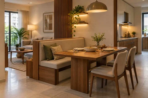 AI-generated dining-room concept: divider-side dining, everyday family supper direction
