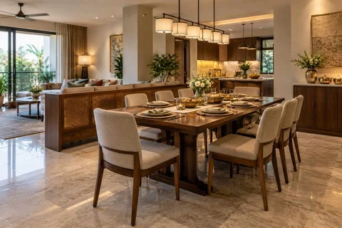 AI-generated dining-room concept: divider-side dining, festival meal preparation direction