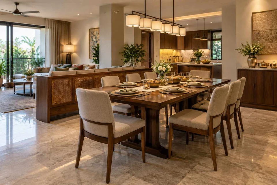 AI-generated dining-room concept: divider-side dining, festival meal preparation direction