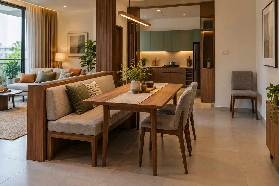 AI-generated dining-room concept: divider-side dining, flexible extra seats direction
