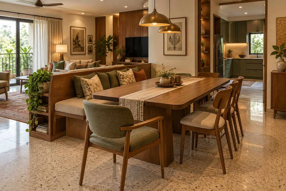 AI-generated dining-room concept: divider-side dining, grandparents and grandchildren direction