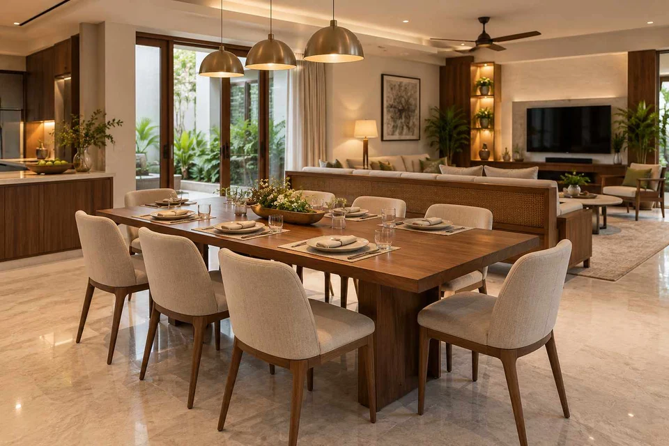 AI-generated dining-room concept: divider-side dining, guest welcome meal direction