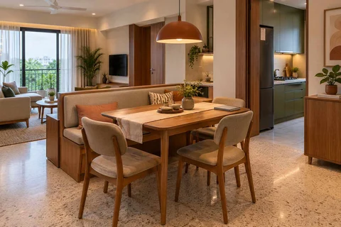 AI-generated dining-room concept: divider-side dining, homework-to-dinner transition direction