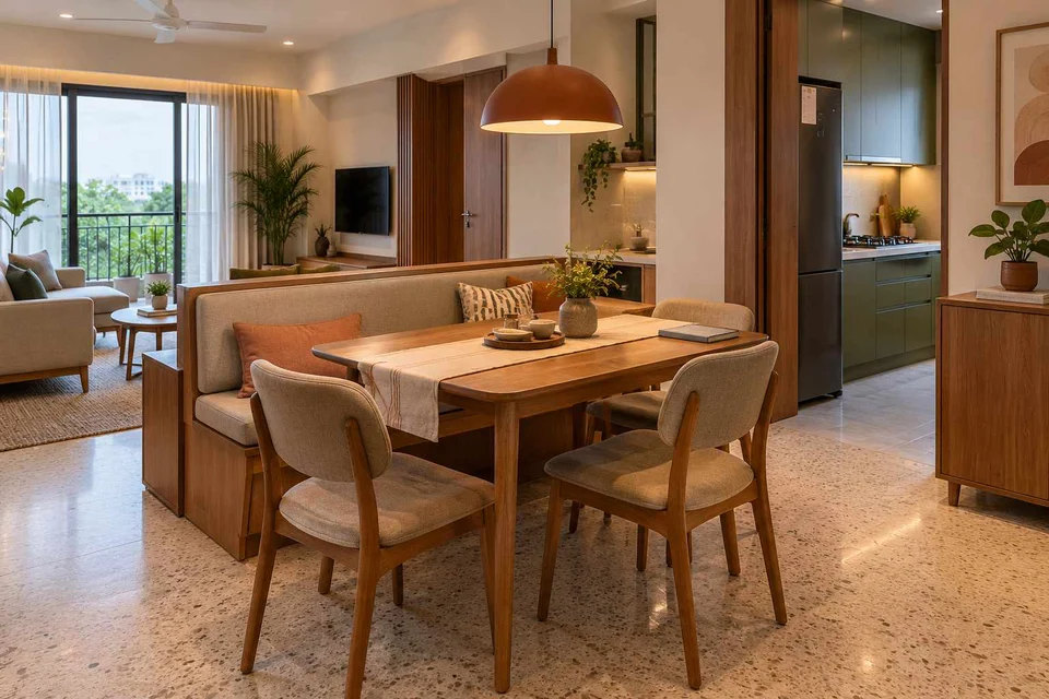 AI-generated dining-room concept: divider-side dining, homework-to-dinner transition direction