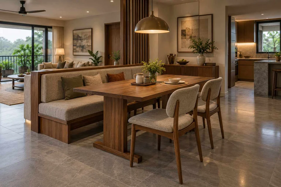 AI-generated dining-room concept: divider-side dining, monsoon lunch light direction