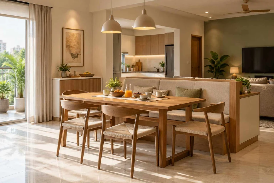 AI-generated dining-room concept: divider-side dining, morning breakfast rhythm direction