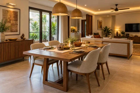 AI-generated dining-room concept: divider-side dining, serving bowl sharing direction
