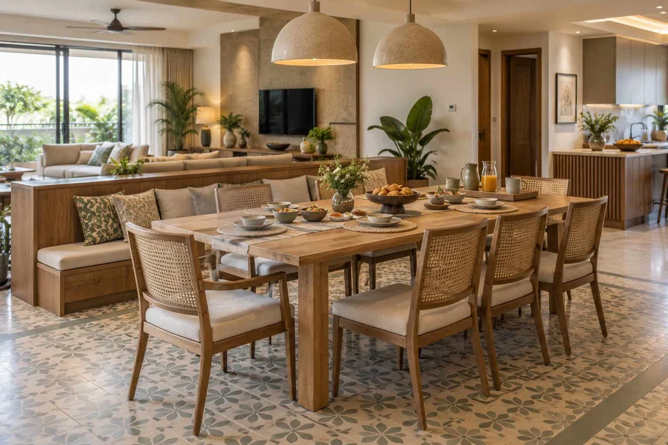 AI-generated dining-room concept: divider-side dining, slow weekend brunch direction