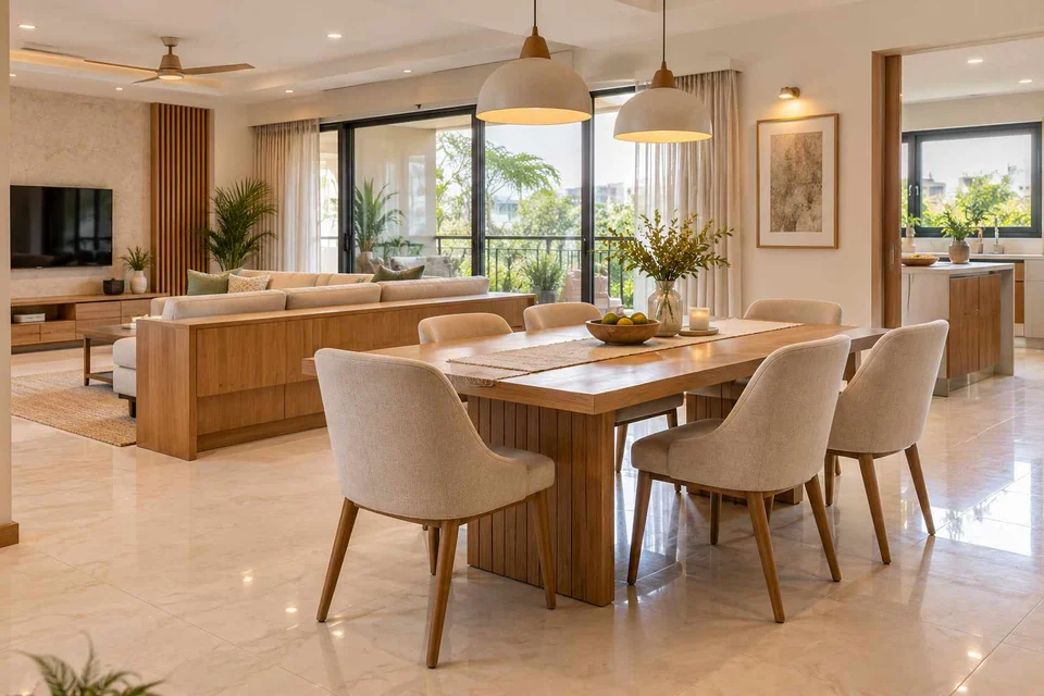 AI-generated dining-room concept: divider-side dining, summer-airiness dining direction