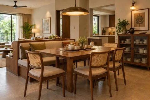 AI-generated dining-room concept: divider-side dining, tea with friends direction