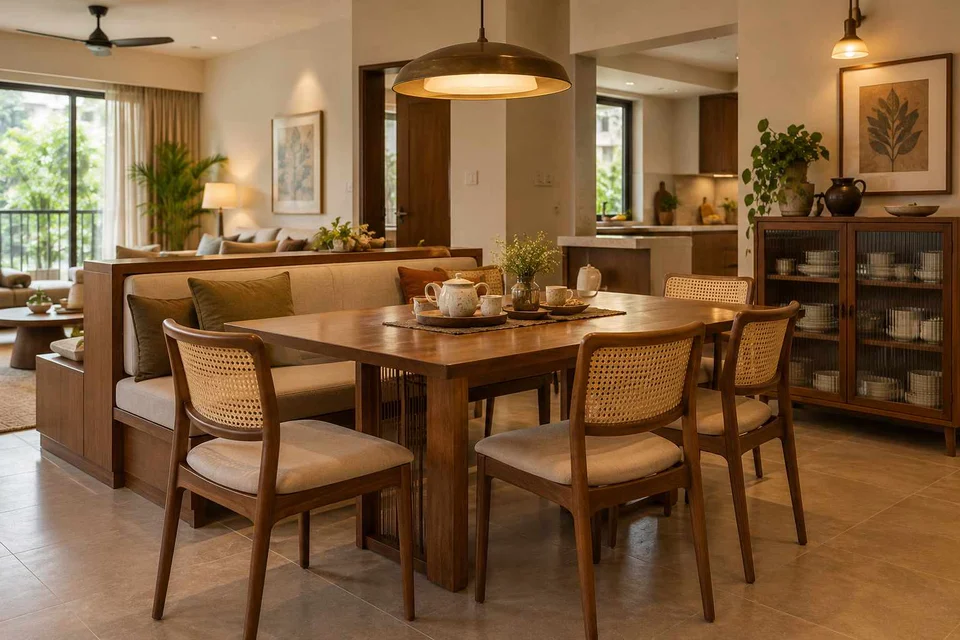 AI-generated dining-room concept: divider-side dining, tea with friends direction