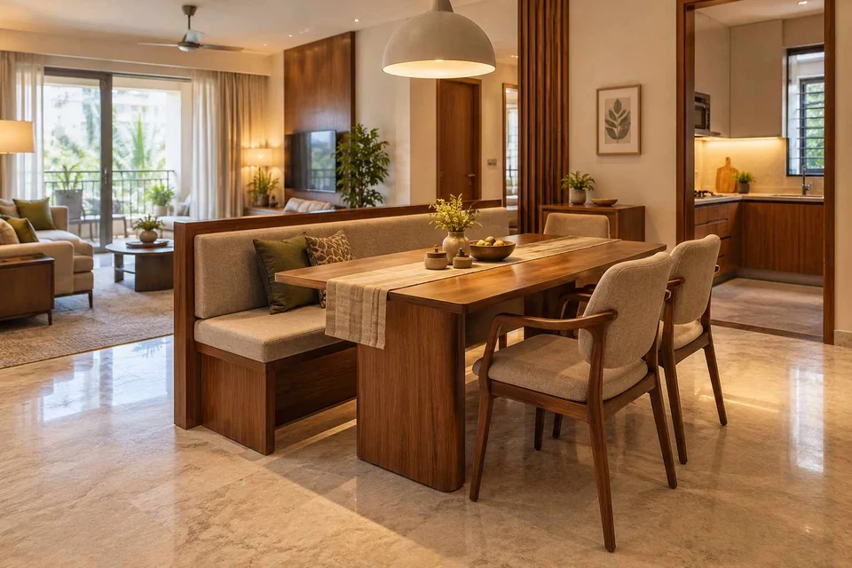 AI-generated dining-room concept: divider-side dining, visiting-parents meal direction