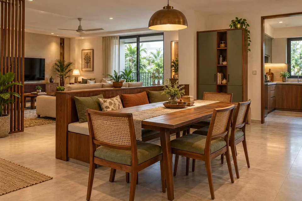 AI-generated dining-room concept: divider-side dining, weekend craft-to-meal reset direction