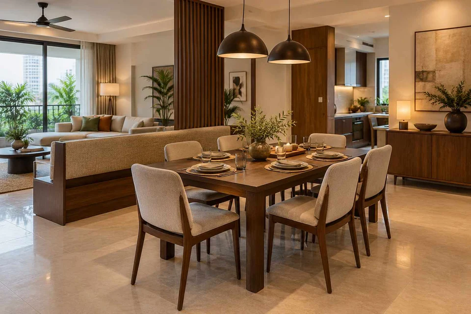 AI-generated dining-room concept: divider-side dining, weeknight compact hosting direction