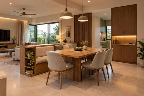 AI-generated dining-room concept: divider-side dining, work-from-home reset direction