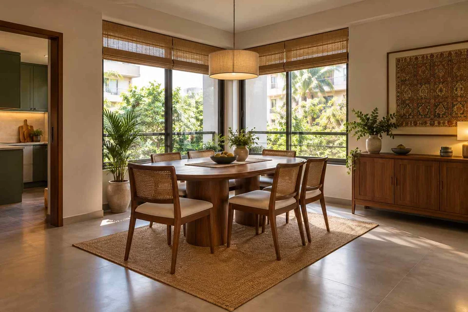 AI-generated dining-room concept: double-aspect corner dining, adaptable everyday dining direction