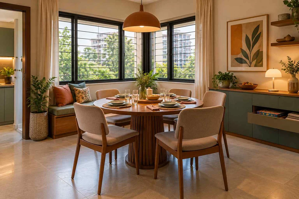 AI-generated dining-room concept: double-aspect corner dining, board-game supper direction
