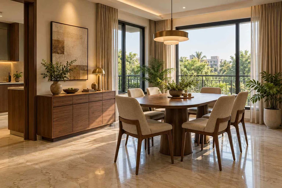 AI-generated dining-room concept: double-aspect corner dining, buffet-side gathering direction