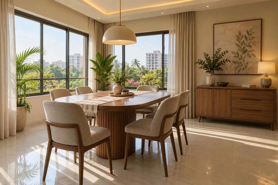 AI-generated dining-room concept: double-aspect corner dining, children's everyday meals direction