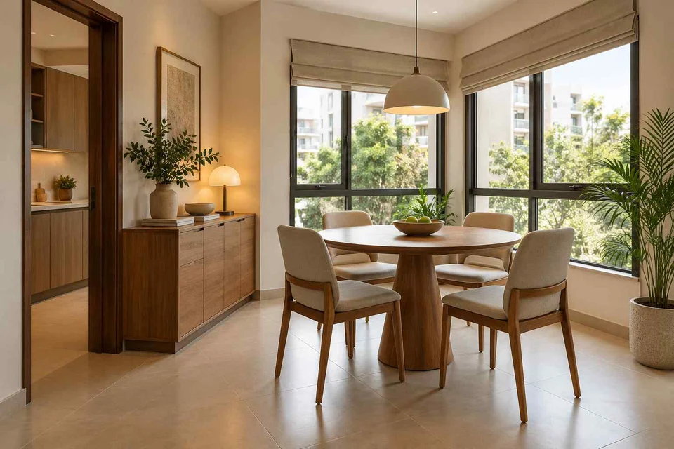 AI-generated dining-room concept: double-aspect corner dining, clear-table daily reset direction