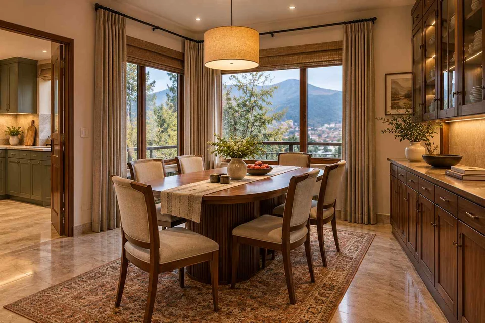 AI-generated dining-room concept: double-aspect corner dining, cool-season family table direction