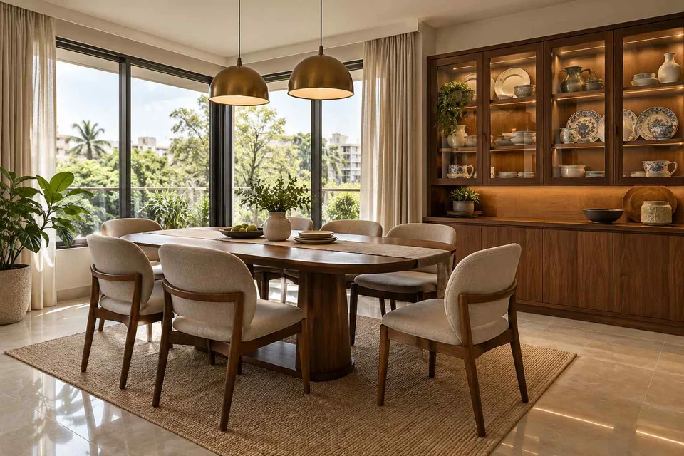 AI-generated dining-room concept: double-aspect corner dining, crockery collection display direction