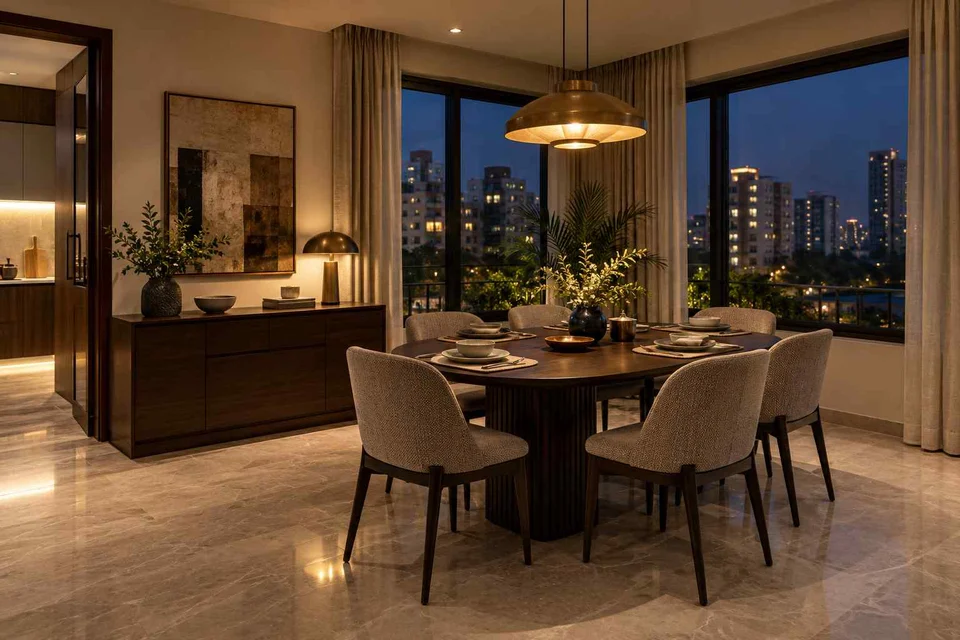 AI-generated dining-room concept: double-aspect corner dining, evening candleless dinner direction