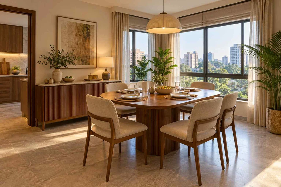 AI-generated dining-room concept: double-aspect corner dining, everyday family supper direction