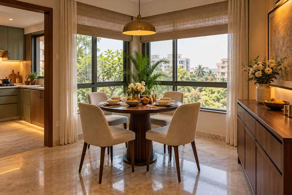 AI-generated dining-room concept: double-aspect corner dining, festival meal preparation direction