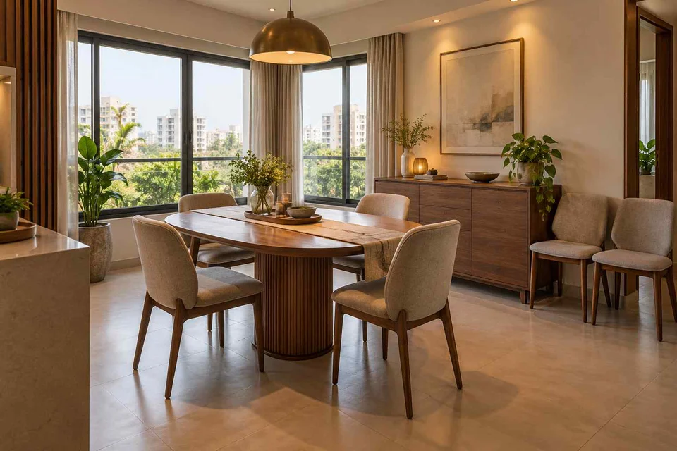 AI-generated dining-room concept: double-aspect corner dining, flexible extra seats direction
