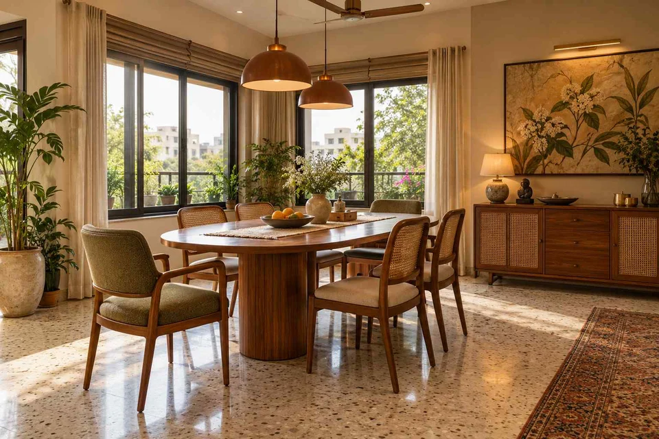 AI-generated dining-room concept: double-aspect corner dining, grandparents and grandchildren direction