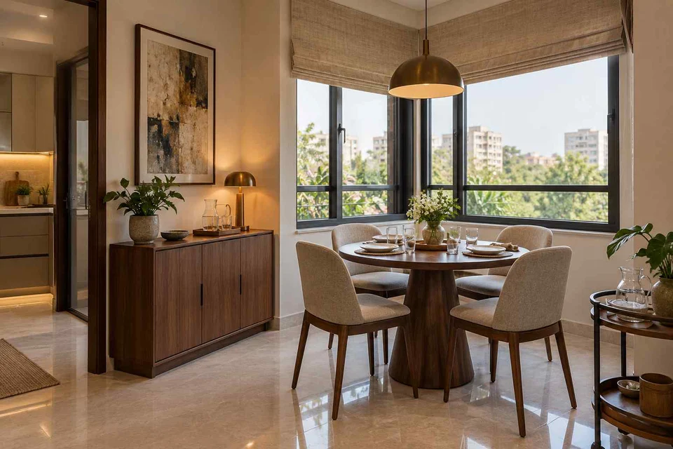 AI-generated dining-room concept: double-aspect corner dining, guest welcome meal direction