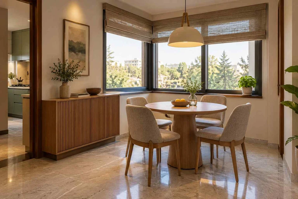 AI-generated dining-room concept: double-aspect corner dining, homegrown herb table direction