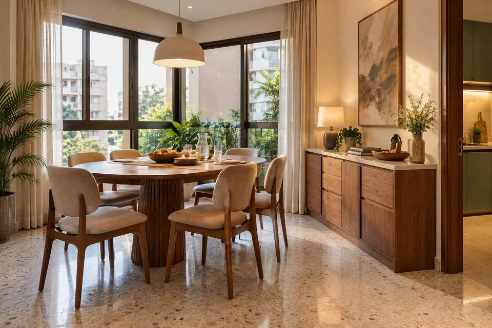 AI-generated dining-room concept: double-aspect corner dining, homework-to-dinner transition direction