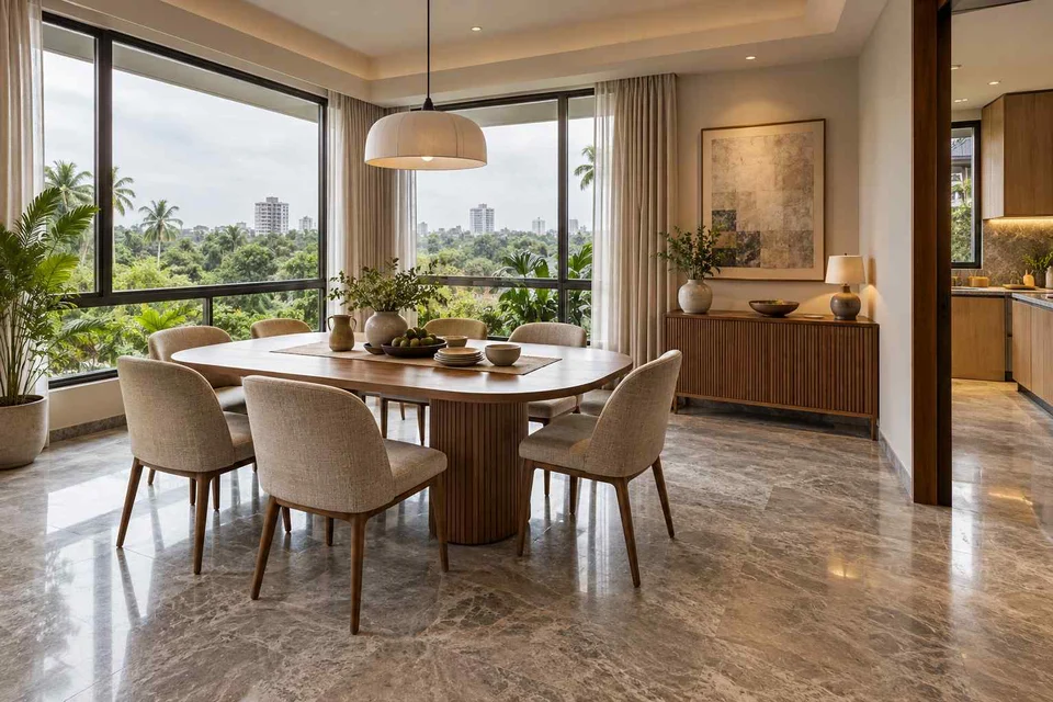 AI-generated dining-room concept: double-aspect corner dining, monsoon lunch light direction