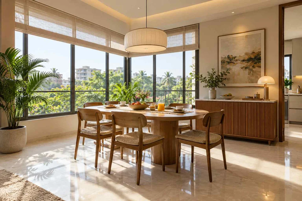 AI-generated dining-room concept: double-aspect corner dining, morning breakfast rhythm direction