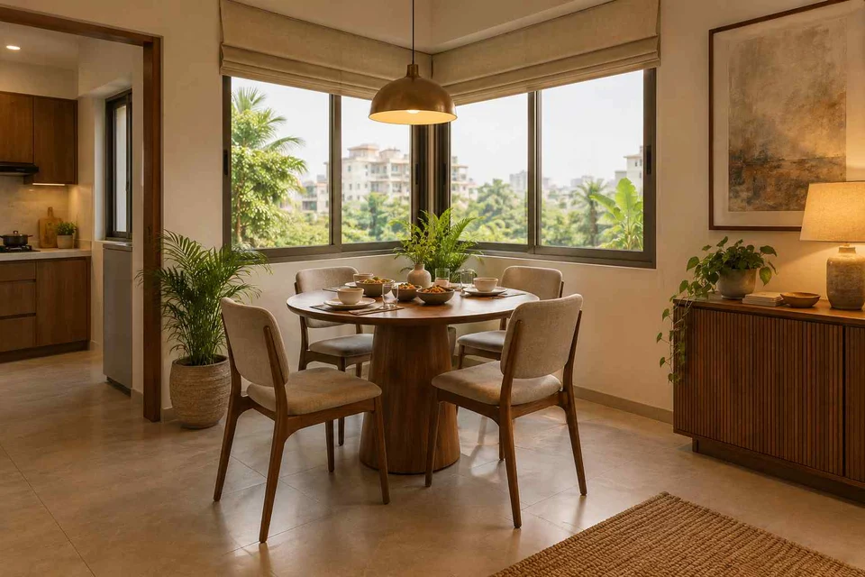 AI-generated dining-room concept: double-aspect corner dining, serving bowl sharing direction