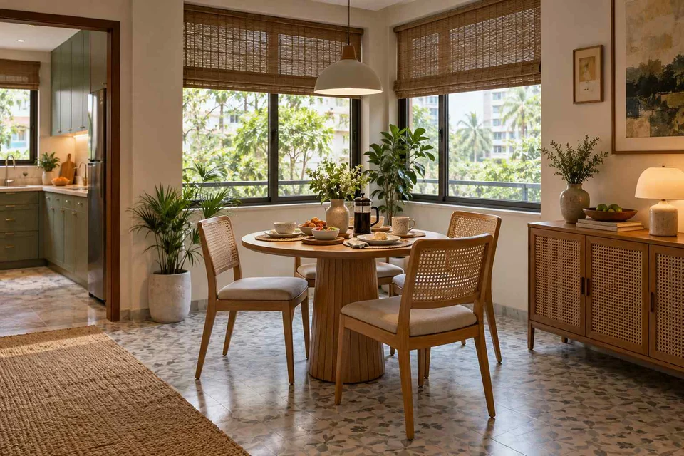 AI-generated dining-room concept: double-aspect corner dining, slow weekend brunch direction