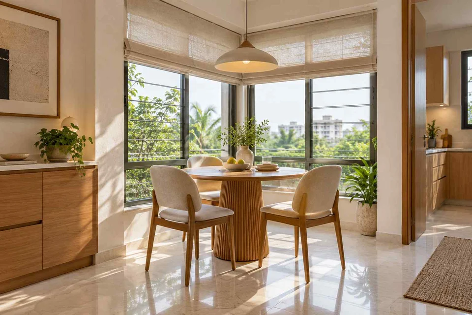 AI-generated dining-room concept: double-aspect corner dining, summer-airiness dining direction