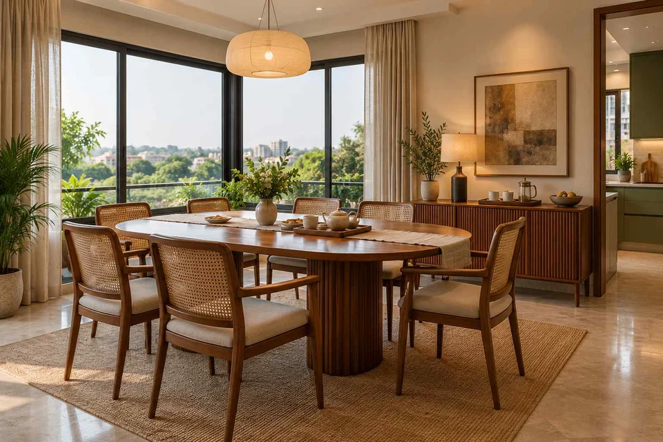 AI-generated dining-room concept: double-aspect corner dining, tea with friends direction