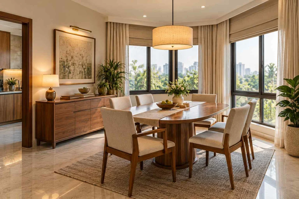AI-generated dining-room concept: double-aspect corner dining, visiting-parents meal direction
