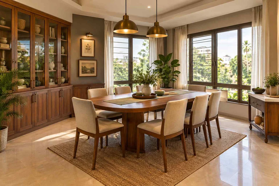 AI-generated dining-room concept: double-aspect corner dining, weekend craft-to-meal reset direction