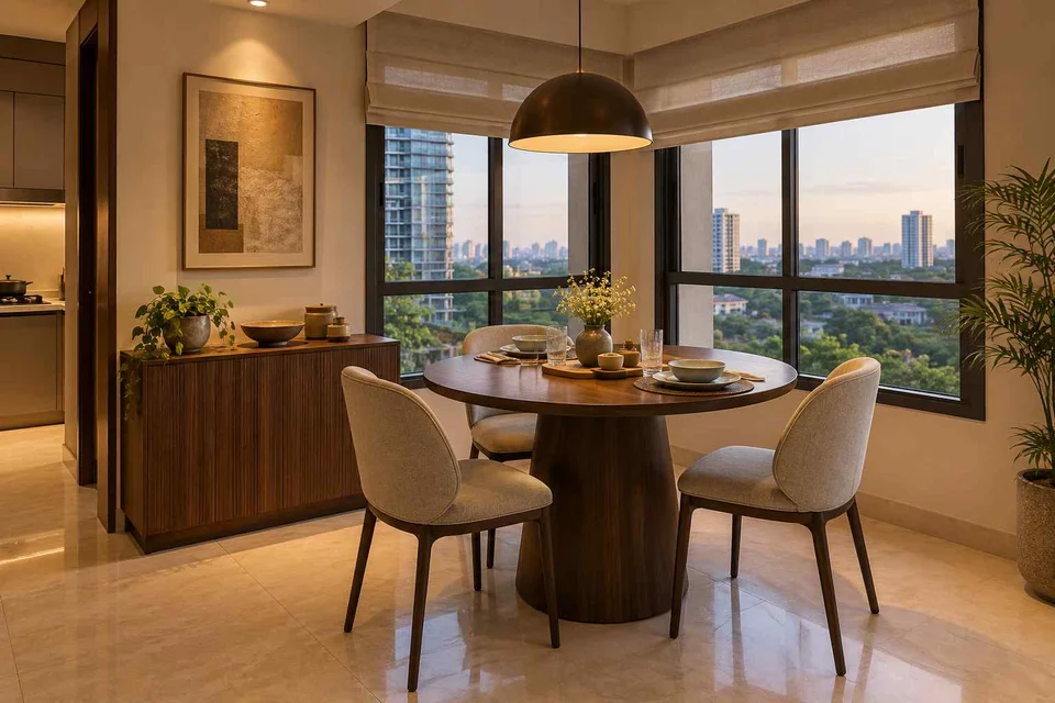 AI-generated dining-room concept: double-aspect corner dining, weeknight compact hosting direction