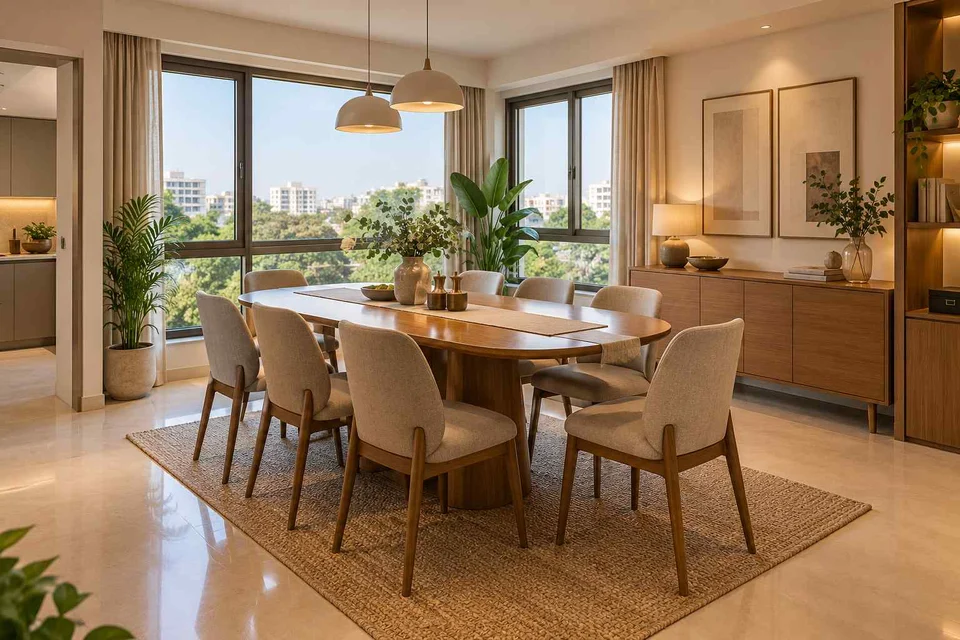 AI-generated dining-room concept: double-aspect corner dining, work-from-home reset direction