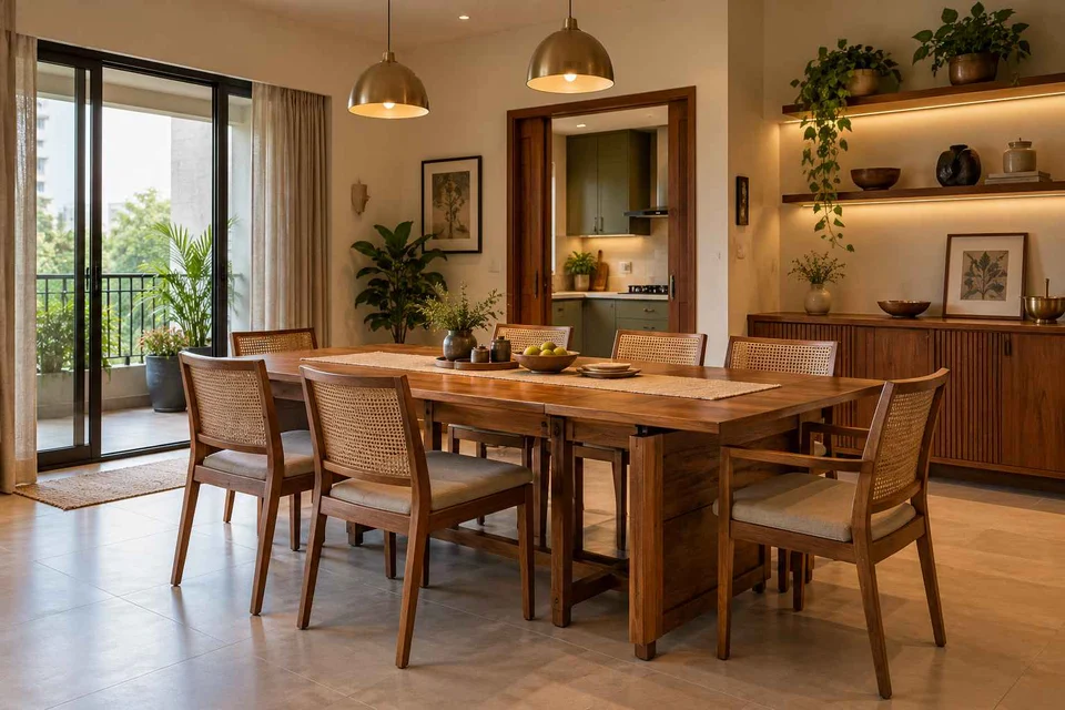 AI-generated dining-room concept: drop-leaf edge dining, adaptable everyday dining direction